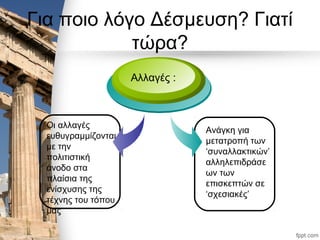 Για ποιο λόγο Δέσμευση? Γιατί
τώρα?
Οι αλλαγές
ευθυγραμμίζονται
με την
πολιτιστική
άνοδο στα
πλαίσια της
ενίσχυσης της
τέχνης του τόπου
μας
Αλλαγές :
Ανάγκη για
μετατροπή των
‘συναλλακτικών’
αλληλεπιδράσε
ων των
επισκεπτών σε
‘σχεσιακές’
 