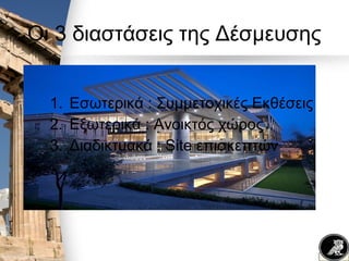 Οι 3 διαστάσεις της Δέσμευσης
1. Εσωτερικά : Συμμετοχικές Εκθέσεις
2. Εξωτερικά : Ανοικτός χώρος
3. Διαδικτυακά : Site επισκεπτών
 