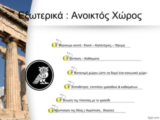 Εξωτερικά : Ανοικτός Χώρος
Φέρνουμε κοντά : Κοινό – Καλλιτέχνες – Ίδρυμα
Εστίαση – Καθίσματα
Κατανομή χώρου ώστε να δομεί ένα κοινωνικό χώρο :
Τοποθέτηση επιπλέον γρασιδιού & καθισμάτων
Ένωση της πλατείας με το γρασίδι
Αξιοποίηση της Θέας ( Ακρόπολη , Θησείο)
 