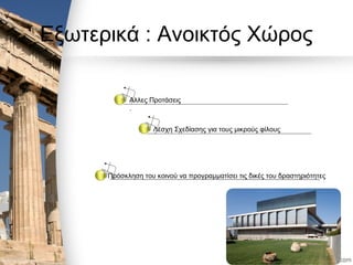 Εξωτερικά : Ανοικτός Χώρος
Αλλες Προτάσεις
.
Λέσχη Σχεδίασης για τους μικρούς φίλους
Πρόσκληση του κοινού να προγραμματίσει τις δικές του δραστηριότητες
 
