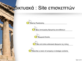 Διαδικτυακά : Site επισκεπτών
Χάρτης Περιήγησης
Ωρες λειτουργίας ιδρύματος και εκθέσεων
Σημερινά Events
Νέα από άλλα εκθεσιακά ιδρύματα της πόλης
Describe a vision of company or strategic contents.
 