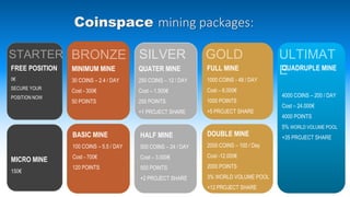 STARTER BRONZE SILVER GOLD ULTIMAT
EFREE POSITION
0€
SECURE YOUR
POSITION NOW
MICRO MINE
150€
MINIMUM MINE
30 COINS – 2.4 / DAY
Cost - 300€
50 POINTS
QUATER MINE
250 COINS – 12 / DAY
Cost – 1.500€
250 POINTS
+1 PROJECT SHARE
QUADRUPLE MINE
4000 COINS – 200 / DAY
Cost – 24.000€
4000 POINTS
5% WORLD VOLUME POOL
+35 PROJECT SHARE
FULL MINE
1000 COINS - 48 / DAY
Cost – 6.000€
1000 POINTS
+5 PROJECT SHARE
BASIC MINE
100 COINS – 5.5 / DAY
Cost - 700€
120 POINTS
HALF MINE
500 COINS – 24 / DAY
Cost – 3.000€
500 POINTS
+2 PROJECT SHARE
DOUBLE MINE
2000 COINS – 100 / Day
Cost -12.000€
2000 POINTS
3% WORLD VOLUME POOL
+12 PROJECT SHARE
Coinspace mining packages:
 