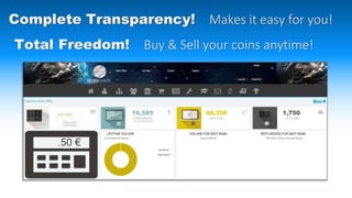 Complete Transparency! Makes it easy for you!
16,585 48,358 1,750
.50 €
Total Freedom! Buy & Sell your coins anytime!
 