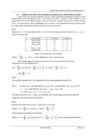 Volume Discount/Price Regime Implementation…
www.ijmsi.org 3 | P a g e
IV. FORMAT OF REVENUE FORMULAS FOR EXCEL IMPLEMENTATION
In this section, the formulas obtained in section 3 will be translated into appropriate formats for Excel
implementation, by manipulating the max / min concept. The utility / elegance of this translation can be
appreciated by the fact that ( )R v collapses to only one expression. Compare this with the horrendous looking
piece – wise expressions for ( )R v and (min{ , })R s v in section 3. The embedded price break conditions called
for a high degree of mathematical insight. Both cases will now be revisited.
Case 1
Suppose that v is the actual demand. Then v can be distributed among the price breaks 1 2, , , ,kp p p to
yield the following table:
Given product Unit price Demand
First q1 units
Next q2 units
Next q3 units
…
Next qk – 1 units
Further units
p1
p2
p3
…
pk– 1
pk
v 1
v2
v3
…
vk– 1
vk
Table 2. Price breaks with actual demands
1
1
where , 0; 0, for otherwise 0, a vacuous case.
k
j j
j
v v v v v

   
Above insight triggers the translation of R(v) into the format given bythe theorembelow
11 1
1 1 1
0
1
Theorem 4.1: For any demand level ,
( ) max min , , 0 max , 0 , 1,
where 0.
jk k
j i j k l
j i l
j
j
v
R v p v q q p v q k
f
 
  

    

    
     
   
  

Proof
For any finite demand level , the expression for the corresponding revenue, ( ) isv R v
1 1 2 1 2 3 1 2 3
1 1 2 2 1
( ) min{ , } max{min{ , }, 0} max{min{ ( ), }, 0}
max{min{{ ( ), }, 0}k k k
R v p v q p v q q p v q q q
p v q q q q  
     
      
1 2 2 1
1 1
max{ ( ), 0}.
Note that max{min{ , }} min{ , }.Therefore, ( ) can be expressed more succintlyand
compactly in the form stated in the theorem.
k k k
p v q q q q
v q v q R v
 
     


Case 2
Recall that the modifications on case 1, yielding case 2 assure that
 
1
1 1
1
1 1
(min{ , }) , where max , 0 .
Above expression translates to the relation:
(min{ , }) max min min , , , 0 , for any specified demand level .
k k
j j k j
j j
jk
j i j
j i
R s v p q q s q
R s v p s v q q v

 

 
  
 
 
 
 
  
   
  
 
 
 