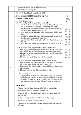 10
+ Đặt ra các câu hỏi, các vấn đề có liên quan.
+ Chuẩn bị nội dung tiếp theo.
10, 11
Chương 8: Giao tiếp các cảm biến và ADC
A/ Các nội dung và PPGD chính trên lớp: (12)
Nội dung GD thực hành:
7.1 Mục đích yêu cầu.
7.2 Các bài thực hành dùng cảm biến nhiệt LM35:
1. Giới thiệu ADC của vi điều khiển: sơ đồ khối, số lượng kênh,
điện áp tham chiếu, độ phân giải, các lệnh lập trình ADC.
2. Giới thiệu cảm biến nhiệt độ LM35: các thông số, sơ đồ kết nối,
hệ số chuyển đổi nhiệt độ thành điện áp.
3. Sơ đồ mạch đèn gia nhiệt điều khiển bằng contact và bằng triac,
buzzer.
4. Lập trình đo nhiệt độ hiển thị ở led 7 đoạn, có cảnh báo qúa nhiệt
bằng âm thành, gia tăng nhiệt bằng đèn.
5. Lập trình điều khiển tự động ổn định nhiệt độ, có cài giới hạn
nhiệt độ.
6. Đo và điều khiển 2 kênh cảm biến hiển thị led 7 đoạn và LCD
7.3 Các bài thực hành dùng cảm biến khoảng cách GP2D12:
1. Giới thiệu cảm biến khoảng cách hồng ngoại GP2D12: các thông
số, sơ đồ kết nối, hệ số chuyển đổi hay đặc tuyến chuyển đổi.
2. Lập trình đo khoảng cách theo độ phân giải 10cm, 1cm theo hàm
mũ chuyển đổi.
3. Lập trình đếm người dùng cảm biến khoảng cách.
7.4 Các bài thực hành dùng cảm biến nhiệt 1 dây DS18B20:
4. Giới thiệu cảm biến khoảng DS18B20: các thông số, sơ đồ kết
nối, hệ số chuyển đổi hay đặc tuyến chuyển đổi.
5. Lập trình đo nhiệt độ hiển thị led 7 đoạn và LCD, đọc địa chỉ cảm
biến trên LCD
6. Lập trình cảnh báo quá nhiệt và tự động ổn định.
7.5 Các bài nâng cao:
1. Tổng hợp nhiều module: điều khiển 32 led quảng cáo, 4 led đếm
sản phẩm dùng counter T0, 8 led đếm đồng hồ dùng timer T1,
LCD hiển thị nhiệt độ 2 kênh, khoảng cách, các thông số làm
việc của 2 động cơ, 4 nút nhấn điều khiển động cơ on và off.
PPGD chính:
+ Thuyết trình: nội dung liên quan đến ADC và các cảm biến.
+ Chỉ dẫn làm mẫu: lập trình thao tác 1 bài mẫu.
+ Quan sát sinh viên thực hành: theo dõi SV thực hành và giải đáp
các thắc mắc.
+ Kiểm tra đánh giá: kiểm tra SV làm các bài tập đúng sai.
+ Chấm báo cáo: chấm báo cáo bài trước.
+ Tóm tắt nội dung thực hành: và giao bài chuẩn bị và cho buổi học
tiếp theo.
G1.1,
G1.2,
G1.3
G2.1.1,
G2.1.3,
G2.1.4,
G2.4.2,
G2.4.4,
G2.5.1,
G2.5.2,
G3.1.1,
G3.1.2,
G3.1.5,
G3.3.1,
 