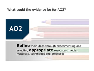 What could the evidence be for AO2?




     Refine their ideas through experimenting and
     selecting appropriate resources, media,
     materials, techniques and processes
 
