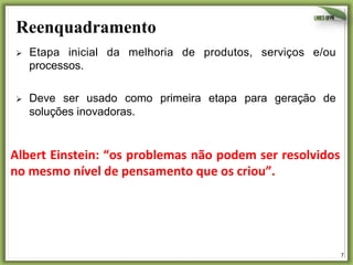 Reenquadramento	
  
Ø 

Etapa inicial da melhoria de produtos, serviços e/ou
processos.

Ø 

Deve ser usado como primeira etapa para geração de
soluções inovadoras.

Albert	
  Einstein:	
  “os	
  problemas	
  não	
  podem	
  ser	
  resolvidos	
  
no	
  mesmo	
  nível	
  de	
  pensamento	
  que	
  os	
  criou”.	
  

7	
  

 