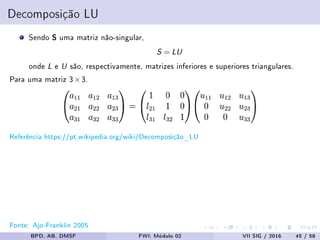 Decomposição LU
Sendo S uma matriz não-singular,
S = LU
onde L e U são, respectivamente, matrizes inferiores e superiores triangulares.
Para uma matriz 3×3.
Referência https://pt.wikipedia.org/wiki/Decomposição_LU
Fonte: Ajo-Franklin 2005
BPD, AB, DMSF FWI: Módulo 02 VII SIG / 2016 45 / 58
 