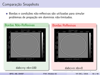 Comparação Snapshots
Bordas e condições não-reexivas são utilizadas para simular
problemas de propação em domínios não-limitados.
Bordas Não-Reexivas
dabc=y nb=100
Bordas Reexivas
dabc=n nb=0
BPD, AB, DMSF FWI: Módulo 02 VII SIG / 2016 50 / 58
 