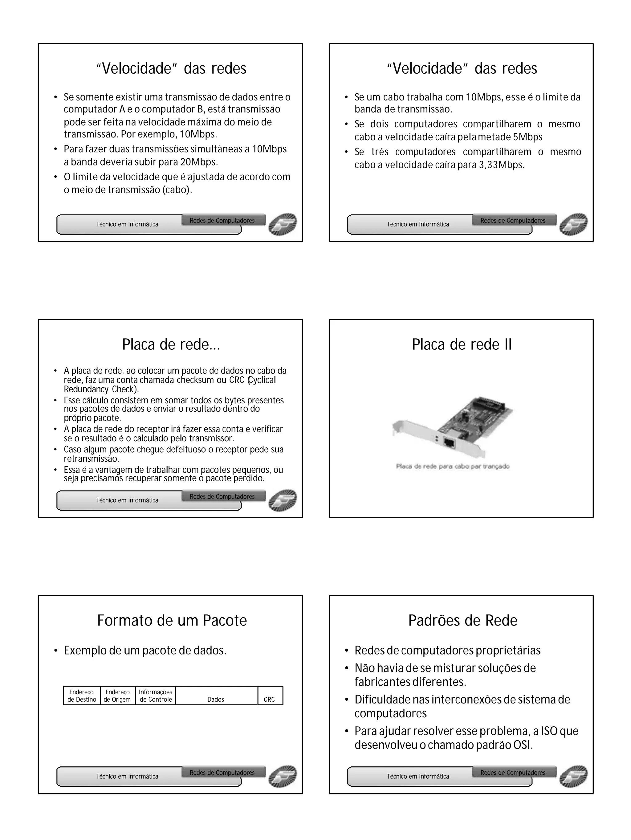 “Velocidade” das redes                                                “Velocidade” das redes
• Se somente existir uma transmissão de dados entre o                    • Se um cabo trabalha com 10Mbps, esse é o limite da
  computador A e o computador B, está transmissão                          banda de transmissão.
  pode ser feita na velocidade máxima do meio de                         • Se dois computadores compartilharem o mesmo
  transmissão. Por exemplo, 10Mbps.                                        cabo a velocidade caíra pela metade 5Mbps
• Para fazer duas transmissões simultâneas a 10Mbps                      • Se três computadores compartilharem o mesmo
  a banda deveria subir para 20Mbps.                                       cabo a velocidade caíra para 3,33Mbps.
• O limite da velocidade que é ajustada de acordo com
  o meio de transmissão (cabo).

                                           Redes de Computadores                                           Redes de Computadores
            Técnico em Informática                                                Técnico em Informática




                      Placa de rede...                                                    Placa de rede II
• A placa de rede, ao colocar um pacote de dados no cabo da
  rede, faz uma conta chamada checksum ou CRC (Cyclical
  Redundancy Check).
• Esse cálculo consistem em somar todos os bytes presentes
  nos pacotes de dados e enviar o resultado dentro do
  próprio pacote.
• A placa de rede do receptor irá fazer essa conta e verificar
  se o resultado é o calculado pelo transmissor.
• Caso algum pacote chegue defeituoso o receptor pede sua
  retransmissão.
• Essa é a vantagem de trabalhar com pacotes pequenos, ou
  seja precisamos recuperar somente o pacote perdido.
                                           Redes de Computadores
            Técnico em Informática




                Formato de um Pacote                                                     Padrões de Rede
• Exemplo de um pacote de dados.                                         • Redes de computadores proprietárias
                                                                         • Não havia de se misturar soluções de
                                                                           fabricantes diferentes.
    Endereço     Endereço   Informações
   de Destino   de Origem    de Controle        Dados              CRC   • Dificuldade nas interconexões de sistema de
                                                                           computadores
                                                                         • Para ajudar resolver esse problema, a ISO que
                                                                           desenvolveu o chamado padrão OSI.

                                           Redes de Computadores                                           Redes de Computadores
            Técnico em Informática                                                Técnico em Informática
 
