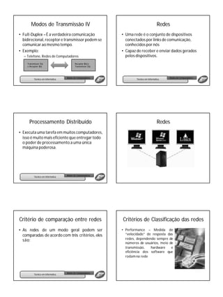 Modos de Transmissão IV                                                           Redes
• Full-Duplex – É a verdadeira comunicação                   • Uma rede é o conjunto de dispositivos
  bidirecional, receptor e transmissor podem se                conectados por links de comunicação,
  comunicar ao mesmo tempo.                                    conhecidos por nós
• Exemplo:                                                   • Capaz de receber e enviar dados gerados
  – Telefone, Redes de Computadores                            pelos dispositivos.
    Transmissor (Tx)                      Receptor (Rx) e
    e Receptor ( x)
               R                          Transmissor (Tx)




                                   Redes de Computadores                                      Redes de Computadores
          Técnico em Informática                                     Técnico em Informática




      Processamento Distribuído                                                          Redes
• Executa uma tarefa em muitos computadores,
  isso é muito mais eficiente que entregar todo
  o poder de processamento a uma única
  máquina poderosa.




                                   Redes de Computadores
          Técnico em Informática




Critério de comparação entre redes                           Critérios de Classificação das redes
• As redes de um modo geral podem ser                        • Performance – Medida de
  comparadas de acordo com três critérios, eles                “velocidade” de resposta das
  são:                                                         redes, dependendo sempre de
                                                               números de usuários, meio de
                                                               transmissão,   hardware    e
                                                               eficiência dos software que
                                                               rodam na rede



                                   Redes de Computadores
          Técnico em Informática
 