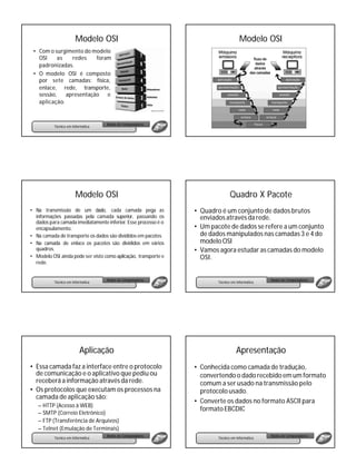 Modelo OSI                                                    Modelo OSI
 • Com o surgimento do modelo
   OSI     as   redes    foram
   padronizadas.
 • O modelo OSI é composto
   por sete camadas: física,
   enlace, rede, transporte,
   sessão,    apresentação e
   aplicação.


                                    Redes de Computadores
           Técnico em Informática




                        Modelo OSI                                              Quadro X Pacote
• Na transmissão de um dado, cada camada pega as                 • Quadro é um conjunto de dados brutos
  informações passadas pela camada superior, passando os           enviados através da rede.
  dados para camada imediatamente inferior. Esse processo é o
  encapsulamento.                                                • Um pacote de dados se refere a um conjunto
• Na camada de transporte os dados são divididos em pacotes        de dados manipulados nas camadas 3 e 4 do
• Na camada de enlace os pacotes são divididos em vários           modelo OSI
  quadros.                                                       • Vamos agora estudar as camadas do modelo
• Modelo OSI ainda pode ser visto como aplicação, transporte e     OSI.
  rede.


                                    Redes de Computadores                                         Redes de Computadores
           Técnico em Informática                                        Técnico em Informática




                          Aplicação                                                 Apresentação
• Essa camada faz a interface entre o protocolo                  • Conhecida como camada de tradução,
  de comunicação e o aplicativo que pediu ou                       convertendo o dado recebido em um formato
  receberá a informação através da rede.                           comum a ser usado na transmissão pelo
• Os protocolos que executam os processos na                       protocolo usado.
  camada de aplicação são:
                                                                 • Converte os dados no formato ASCII para
   – HTTP (Acesso à WEB)
                                                                   formato EBCDIC
   – SMTP (Correio Eletrônico)
   – FTP (Transferência de Arquivos)
   – Telnet (Emulação de Terminais)
                                    Redes de Computadores                                         Redes de Computadores
           Técnico em Informática                                        Técnico em Informática
 