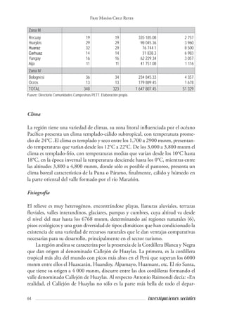 64 investigaciones sociales
Fray Masías Cruz Reyes
Zona III
Recuay
Huaylas
Huaraz
Carhuaz
Yungay
Aija
19
29
32
14
16
11
19
29
29
14
16
11
335 185.08
98 045.36
76 744.1
31 838.3
62 229.34
41 751.08
2 757
3 960
8 500
6 983
3 057
1 116
Zona IV
Bolognesi
Ocros
36
13
34
13
234 845.33
179 889.45
4 357
1 678
TOTAL 348 323 1 647 807.45 51 329
Fuente: Directorio Comunidades Campesinas PETT. Elaboración propia.
Clima
La región tiene una variedad de climas, su zona litoral influenciada por el océano
Pacífico presenta un clima templado-cálido subtropical, con temperatura prome-
dio de 24°C .El clima es templado y seco entre los 1,700 a 2900 msnm, presentan-
do temperaturas que varían desde los 12°C a 22°C. De los 3,000 a 3,800 msnm el
clima es templado-frío, con temperaturas medias que varían desde los 10°C hasta
18°C, en la época invernal la temperatura desciende hasta los 0°C, mientras entre
las altitudes 3,800 a 4,800 msnm, donde sólo es posible el pastoreo, presenta un
clima boreal característico de la Puna o Páramo, finalmente, cálido y húmedo en
la parte oriental del valle formado por el río Marañón.
Fisiografía
El relieve es muy heterogéneo, encontrándose playas, llanuras aluviales, terrazas
fluviales, valles interandinos, glaciares, pampas y cumbres, cuya altitud va desde
el nivel del mar hasta los 6768 msnm, determinando así regiones naturales (6),
pisos ecológicos y una gran diversidad de tipos climáticos que han condicionado la
existencia de una variedad de recursos naturales que le dan ventajas comparativas
necesarias para su desarrollo, principalmente en el sector turismo.
La región andina se caracteriza por la presencia de la Cordillera Blanca y Negra
que dan origen al denominado Callejón de Huaylas. La primera, es la cordillera
tropical más alta del mundo con picos más altos en el Perú que superan los 6000
msnm entre ellos el Huascarán, Huandoy, Alpamayo, Huansant, etc. El río Santa,
que tiene su origen a 4 000 msnm, discurre entre las dos cordilleras formando el
valle denominado Callejón de Huaylas. Al respecto Antonio Raimondi decía: «En
realidad, el Callejón de Huaylas no sólo es la parte más bella de todo el depar-
 