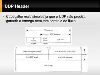 UDP Header

   Cabeçalho mais simples já que o UDP não precisa 
    garantir a entrega nem tem controle de fluxo
 