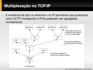 Multiplexação no TCP/IP

   E existência de tipo na ethernet e no IP permitiram que protocolos 
    como SCTP (transporte) e IPv6 pudessem ser agregados 
    normalmente




                                                   Fonte: TCP/IP Illustrated Volume 1, Richard Stevens
 