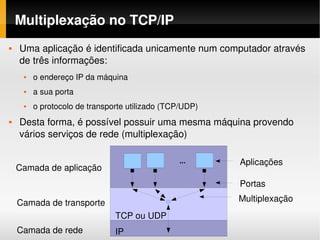 Multiplexação no TCP/IP
   Uma aplicação é identificada unicamente num computador através 
    de três informações:
        o endereço IP da máquina
        a sua porta
        o protocolo de transporte utilizado (TCP/UDP)
   Desta forma, é possível possuir uma mesma máquina provendo 
    vários serviços de rede (multiplexação)

                                                ...      Aplicações
    Camada de aplicação
                                                         Portas

    Camada de transporte                                 Multiplexação
                               TCP ou UDP
    Camada de rede             IP
 