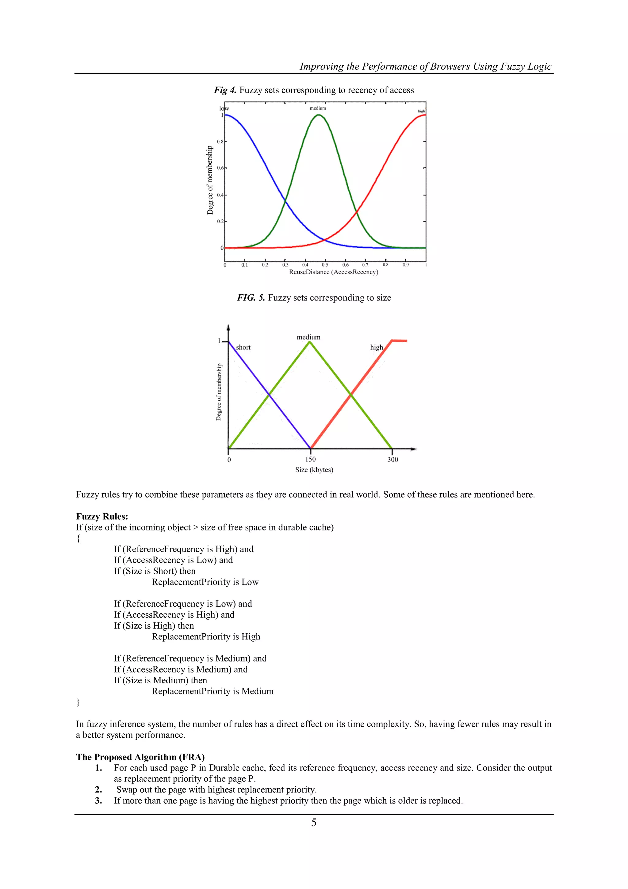 Improving the Performance of Browsers Using Fuzzy Logic

                                     Fig 4. Fuzzy sets corresponding to recency of access




                                           FIG. 5. Fuzzy sets corresponding to size




Fuzzy rules try to combine these parameters as they are connected in real world. Some of these rules are mentioned here.

Fuzzy Rules:
If (size of the incoming object > size of free space in durable cache)
{
           If (ReferenceFrequency is High) and
           If (AccessRecency is Low) and
           If (Size is Short) then
                      ReplacementPriority is Low

          If (ReferenceFrequency is Low) and
          If (AccessRecency is High) and
          If (Size is High) then
                     ReplacementPriority is High

          If (ReferenceFrequency is Medium) and
          If (AccessRecency is Medium) and
          If (Size is Medium) then
                     ReplacementPriority is Medium
}

In fuzzy inference system, the number of rules has a direct effect on its time complexity. So, having fewer rules may result in
a better system performance.

The Proposed Algorithm (FRA)
    1. For each used page P in Durable cache, feed its reference frequency, access recency and size. Consider the output
        as replacement priority of the page P.
    2. Swap out the page with highest replacement priority.
    3. If more than one page is having the highest priority then the page which is older is replaced.

                                                               5
 