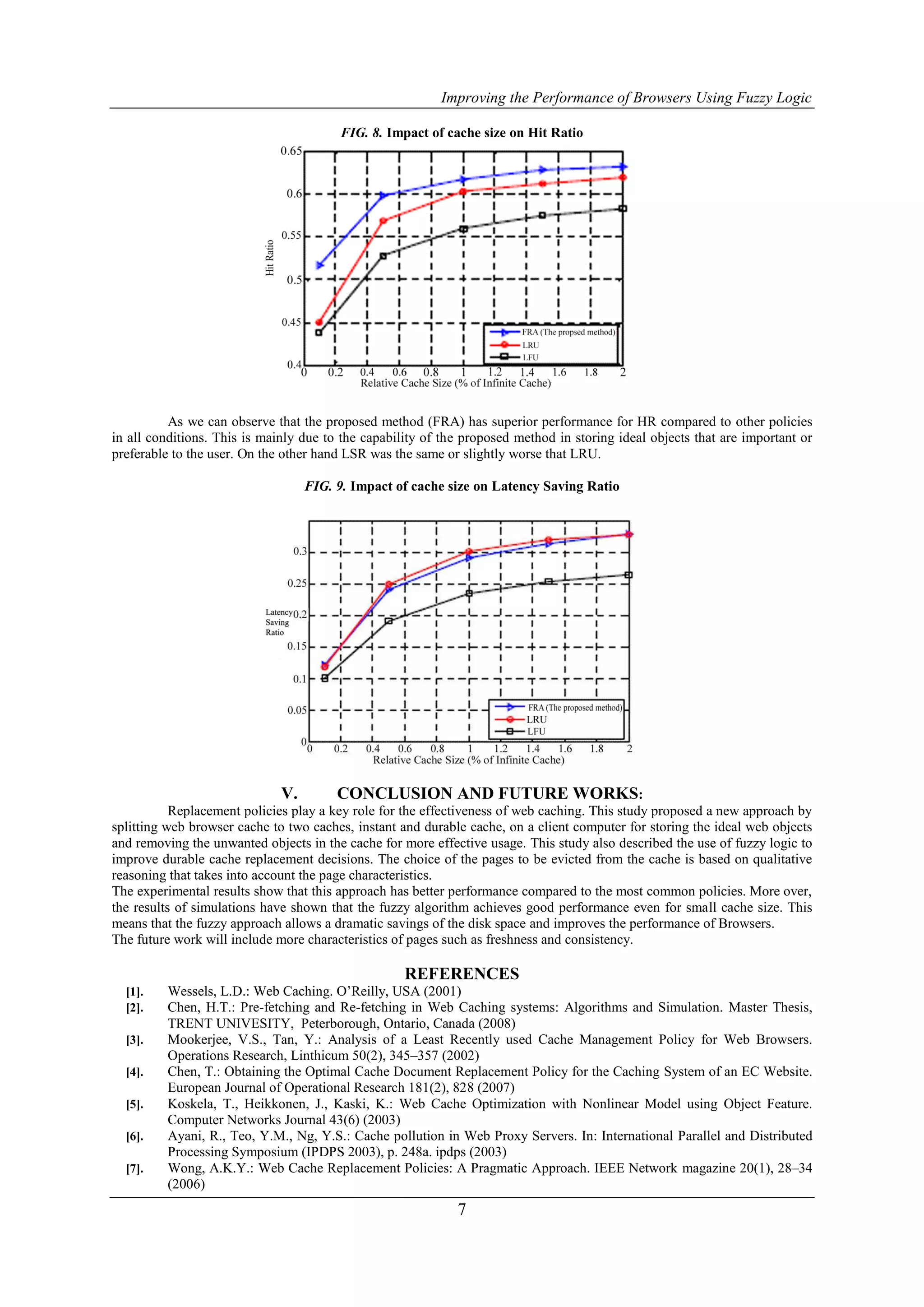 Improving the Performance of Browsers Using Fuzzy Logic

                                        FIG. 8. Impact of cache size on Hit Ratio




          As we can observe that the proposed method (FRA) has superior performance for HR compared to other policies
in all conditions. This is mainly due to the capability of the proposed method in storing ideal objects that are important or
preferable to the user. On the other hand LSR was the same or slightly worse that LRU.

                                  FIG. 9. Impact of cache size on Latency Saving Ratio




                               V.        CONCLUSION AND FUTURE WORKS:
           Replacement policies play a key role for the effectiveness of web caching. This study proposed a new approach by
splitting web browser cache to two caches, instant and durable cache, on a client computer for storing the ideal web objects
and removing the unwanted objects in the cache for more effective usage. This study also described the use of fuzzy logic to
improve durable cache replacement decisions. The choice of the pages to be evicted from the cache is based on qualitative
reasoning that takes into account the page characteristics.
The experimental results show that this approach has better performance compared to the most common policies. More over,
the results of simulations have shown that the fuzzy algorithm achieves good performance even for small cache size. This
means that the fuzzy approach allows a dramatic savings of the disk space and improves the performance of Browsers.
The future work will include more characteristics of pages such as freshness and consistency.

                                                    REFERENCES
  [1].   Wessels, L.D.: Web Caching. O’Reilly, USA (2001)
  [2].   Chen, H.T.: Pre-fetching and Re-fetching in Web Caching systems: Algorithms and Simulation. Master Thesis,
         TRENT UNIVESITY, Peterborough, Ontario, Canada (2008)
  [3].   Mookerjee, V.S., Tan, Y.: Analysis of a Least Recently used Cache Management Policy for Web Browsers.
         Operations Research, Linthicum 50(2), 345–357 (2002)
  [4].   Chen, T.: Obtaining the Optimal Cache Document Replacement Policy for the Caching System of an EC Website.
         European Journal of Operational Research 181(2), 828 (2007)
  [5].   Koskela, T., Heikkonen, J., Kaski, K.: Web Cache Optimization with Nonlinear Model using Object Feature.
         Computer Networks Journal 43(6) (2003)
  [6].   Ayani, R., Teo, Y.M., Ng, Y.S.: Cache pollution in Web Proxy Servers. In: International Parallel and Distributed
         Processing Symposium (IPDPS 2003), p. 248a. ipdps (2003)
  [7].   Wong, A.K.Y.: Web Cache Replacement Policies: A Pragmatic Approach. IEEE Network magazine 20(1), 28–34
         (2006)
                                                             7
 