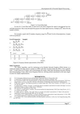Development Of A Powerful Signal Processing...

Figure 7: A 3 level filter bank
In case of a 3 level filter bank, at each level in the above diagram the signal is decomposed into low
and high frequencies. Due to the decomposition process the input signal must be a multiple of
where is the
number of levels.
For example a signal with 32 samples, frequency range 0 to
scales are produced:
Level Frequencies
3

and 3 levels of decomposition, 4 output

Samples
4

to
to

4

2

to

8

1

to

16

Figure 8: Frequency domain representation of the DWT
Other transforms
The Adam7 algorithm, used for interlacing in the Portable Network Graphics (PNG) format, is a
multiscale model of the data which is similar to a DWT with Haar wavelets.Unlike the DWT, it has a specific
scale – it starts from an 8×8 block, and it downsamples the image, rather than decimating (low-pass filtering,
then downsampling). It thus offers worse frequency behavior, showing artifacts (pixelation) at the early stages,
in return for simpler implementation.

REFERENCES:
[1]
[2]
[3]
[4]
[5]
[6]
[7]
[8]
[9]
[10]
.

P. P. Vaidyanathan, Multirate Systems and Filter Banks. Englewood Cliffs, NJ: Prentice-Hall, 1993.
G. Strang and T. Q. Nguyen,Wavelets and Filter Banks. Boston, MA: Wellesley-Cambridge, 1996.
M. N. Do and M. Vetterli, ―The contourlet transform: An efficient directional multiresolution image representation,‖ IEEE Trans.
Image Process. vol. 14, no. 12, pp. 2091–2106, Dec. 2005 [Online]. Available:http://www.ifp.uiuc.edu/~minhdo/software/
P. Burt and E. Adelson, ―The Laplacian pyramid as a compact image code,‖ IEEE Trans. Commun., vol. COM-31, no. 4, pp.
532–540, Apr.1983.
E. Candès and D. L. Donoho, ―Curvelets—A surprisingly effective nonadaptive representation for objects with edges,‖ in Curves
and Surfaces Fitting, A. Cohen, C. Rabut, and L. L. Schumaker,
Eds. Nashville, TN: Vanderbilt Univ. Press, 1999.
J. L. Starck, E. J. Candes, and D. L. Donoho, ―The curvelet transform for image denoising,‖ IEEE Trans. Image Process., vol. 11,
no. 6, pp.670–684, Jun. 2002.
E. Candès and D. L. Donoho, ―New tight frames of curvelets and optimal representations of objects with piecewise �
singularities,‖Commun. Pure and Appl. Math., pp. 219–266, 2004.
Y. Lu and M. N. Do, ―CRISP-contourlet: A critically sampled directional multiresolution image representation,‖ in Proc. SPIE
Conf. Wavelet Applications in Signal and Image Processing, 2003, pp.655–665.
Y. Lu and M. N. Do, ―A new contourlet transform with sharp frequency localization,‖ in Proc. Int. Conf. Image Processing, 2006,
pp. 1629–1632.

||Issn 2250-3005 ||

||October||2013||

Page 9

 