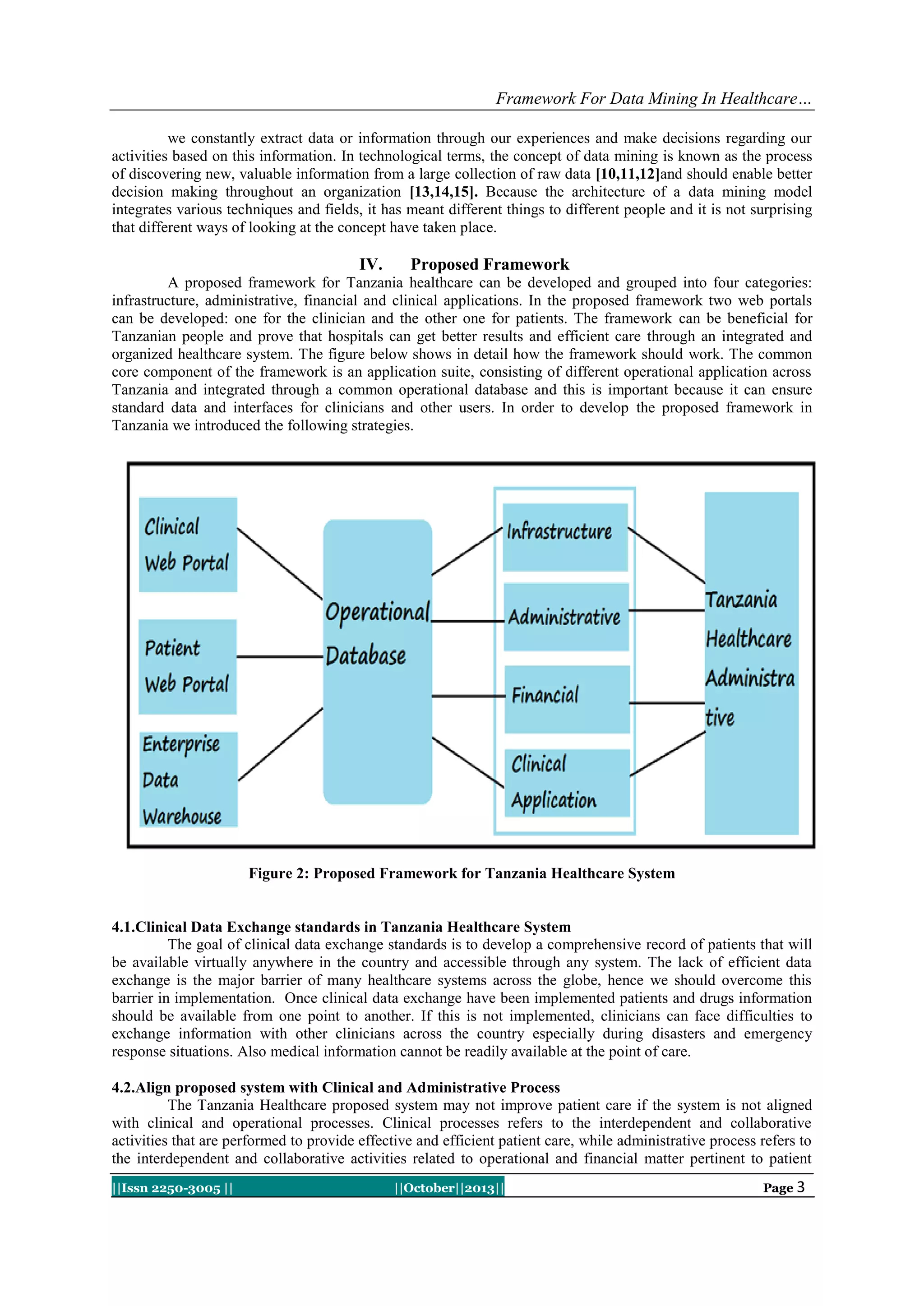 Framework For Data Mining In Healthcare…
we constantly extract data or information through our experiences and make decisions regarding our
activities based on this information. In technological terms, the concept of data mining is known as the process
of discovering new, valuable information from a large collection of raw data [10,11,12]and should enable better
decision making throughout an organization [13,14,15]. Because the architecture of a data mining model
integrates various techniques and fields, it has meant different things to different people and it is not surprising
that different ways of looking at the concept have taken place.

IV.

Proposed Framework

A proposed framework for Tanzania healthcare can be developed and grouped into four categories:
infrastructure, administrative, financial and clinical applications. In the proposed framework two web portals
can be developed: one for the clinician and the other one for patients. The framework can be beneficial for
Tanzanian people and prove that hospitals can get better results and efficient care through an integrated and
organized healthcare system. The figure below shows in detail how the framework should work. The common
core component of the framework is an application suite, consisting of different operational application across
Tanzania and integrated through a common operational database and this is important because it can ensure
standard data and interfaces for clinicians and other users. In order to develop the proposed framework in
Tanzania we introduced the following strategies.

Figure 2: Proposed Framework for Tanzania Healthcare System

4.1.Clinical Data Exchange standards in Tanzania Healthcare System
The goal of clinical data exchange standards is to develop a comprehensive record of patients that will
be available virtually anywhere in the country and accessible through any system. The lack of efficient data
exchange is the major barrier of many healthcare systems across the globe, hence we should overcome this
barrier in implementation. Once clinical data exchange have been implemented patients and drugs information
should be available from one point to another. If this is not implemented, clinicians can face difficulties to
exchange information with other clinicians across the country especially during disasters and emergency
response situations. Also medical information cannot be readily available at the point of care.
4.2.Align proposed system with Clinical and Administrative Process
The Tanzania Healthcare proposed system may not improve patient care if the system is not aligned
with clinical and operational processes. Clinical processes refers to the interdependent and collaborative
activities that are performed to provide effective and efficient patient care, while administrative process refers to
the interdependent and collaborative activities related to operational and financial matter pertinent to patient
||Issn 2250-3005 ||

||October||2013||

Page 3

 
