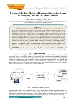 International Journal of Computational Engineering Research||Vol, 03||Issue, 10||

Framework for Data Mining In Healthcare Information System
in Developing Countries: A Case of Tanzania
1,

Salim Amour Diwani, 2,Anael Sam

School of Computational and Communications Science and Engineering, Nelson Mandela-African Institution of
Science and Technology (NM-AIST), Arusha, Tanzania.
,

ABSTRACT :
Globally the healthcare sector is abundant with data and hence using data mining techniques
in this area seems promising. Healthcare sector collects huge amounts of data on a daily basis.
Transferring data into secure electronic system of medical health can save lives and reduce the cost of
healthcare services as well as early discovery of contagious diseases with advanced collection of
medical data. In this study we have proposed a best fit for data mining techniques in healthcare based
on a case study. The proposed framework aims to provide self healthcare treatments where by several
monitoring equipments using the cyberspace devices have been developed to help patients manage
their medical conditions at home for example, diabetic patients can test their blood sugar level by using
e-device, which ,with the click of a computer mouse, downloads the results to a healthcare practitioner,
minimizes time to wait for medical treatments, and minimizes the delay time in providing medical
treatments. Data mining is a new technology used in different types of sectors to improve the
effectiveness and efficiency of business model as well as solving problems in business world.

KEYWORDS : Healthcare, Data Mining, Knowledge Discovery, OLAP, NIMR, NGOs, DSS, KDD.

I.

INTRODUCTION

Medical data are highly complex and difficult to analyze where as financial data are well organized but
pose limited clinical value. Clinical data are very poor from the point of view of automated analysis systems that
collect high quality data which will become part of routine clinical care, but are unlikely to have a large patient
impact in 5-10 years. In most cases medical data is highly complex and difficult to analyze while financial data
is well organized but has limited clinical value. Since the gap is between data gathering and comprehension, this
paper proposes the way to fill the gap in Tanzanian context. The proposed framework can be used to predict
future medical conditions for deadly diseases occurring in Tanzania.

Figure 1: Block diagram capturing data Gap
Take for example how Netflix recommends movies and TV shows or how Amazon.com suggests products to
buy. The framework makes predictions on what a patient has already experienced as well as the experience of
other patients showing serious medical history. This provides physicians with insights on what might come next
for a patient based on experiences of other patients. It also gives a prediction that is interpretable by patients.
||Issn 2250-3005 ||

||October||2013||

Page 1

 