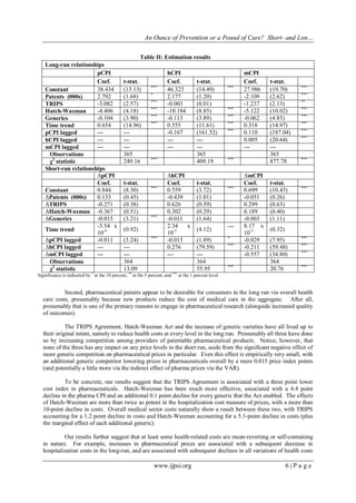 An Ounce of Prevention or a Pound of Cure? Short- and Lon…
www.ijpsi.org 6 | P a g e
Table II: Estimation results
Long-run relationships
pCPI hCPI mCPI
Coef. t-stat. Coef. t-stat. Coef. t-stat.
Constant 38.434 (13.13) ***
46.323 (14.49) ***
27.986 (19.70) ***
Patents (000s) 2.792 (1.68) *
2.177 (1.20) -2.109 (2.62) ***
TRIPS -3.082 (2.57) ***
-0.003 (0.01) -1.237 (2.13) **
Hatch-Waxman -4.406 (4.18) ***
-10.184 (8.85) ***
-5.122 (10.02) ***
Generics -0.104 (3.90) ***
-0.113 (3.89) ***
-0.062 (4.83) ***
Time trend 0.654 (14.96) ***
0.555 (11.61) ***
0.318 (14.97) ***
pCPI lagged --- --- -0.167 (161.52) ***
0.110 (187.04) ***
hCPI lagged --- --- --- --- 0.005 (20.64) ***
mCPI lagged --- --- --- --- --- ---
Observations 365 365 365
χ2
statistic 249.16 ***
409.19 ***
877.78 ***
Short-run relationships
ΔpCPI ΔhCPI ΔmCPI
Coef. t-stat. Coef. t-stat. Coef. t-stat.
Constant 0.844 (8.30) ***
0.559 (3.72) ***
0.699 (10.43) ***
ΔPatents (000s) 0.133 (0.45) -0.439 (1.01) -0.051 (0.26)
ΔTRIPS -0.271 (0.38) 0.626 (0.59) 0.299 (0.63)
ΔHatch-Waxman -0.367 (0.51) 0.302 (0.29) 0.189 (0.40)
ΔGenerics -0.015 (3.21) ***
-0.011 (1.64) -0.003 (1.11)
Time trend
-3.54 x
10-4 (0.92)
2.34 x
10-3 (4.12) *** 8.17 x
10-5 (0.32)
ΔpCPI lagged -0.011 (3.24) ***
-0.013 (1.89) *
-0.029 (7.95) ***
ΔhCPI lagged --- --- 0.276 (79.59) ***
-0.211 (59.48) ***
ΔmCPI lagged --- --- --- --- -0.557 (34.80) ***
Observations 364 364 364
χ2
statistic 13.09 55.95 ***
20.76 ***
Significance is indicated by *
at the 10 percent, **
at the 5 percent, and ***
at the 1 percent level.
Second, pharmaceutical patents appear to be desirable for consumers in the long run via overall health
care costs, presumably because new products reduce the cost of medical care in the aggregate. After all,
presumably that is one of the primary reasons to engage in pharmaceutical research (alongside increased quality
of outcomes).
The TRIPS Agreement, Hatch-Waxman Act and the increase of generic varieties have all lived up to
their original intent, namely to reduce health costs at every level in the long run. Presumably all three have done
so by increasing competition among providers of patentable pharmaceutical products. Notice, however, that
none of the three has any impact on any price levels in the short run, aside from the significant negative effect of
more generic competition on pharmaceutical prices in particular. Even this effect is empirically very small, with
an additional generic competitor lowering prices in pharmaceuticals overall by a mere 0.015 price index points
(and potentially a little more via the indirect effect of pharma prices via the VAR).
To be concrete, our results suggest that the TRIPS Agreement is associated with a three point lower
cost index in pharmaceuticals. Hatch-Waxman has been much more effective, associated with a 4.4 point
decline in the pharma CPI and an additional 0.1 point decline for every generic that the Act enabled. The effects
of Hatch-Waxman are more than twice as potent in the hospitalization cost measure of prices, with a more than
10-point decline in costs. Overall medical sector costs naturally show a result between these two, with TRIPS
accounting for a 1.2 point decline in costs and Hatch-Waxman accounting for a 5.1-point decline in costs (plus
the marginal effect of each additional generic).
Our results further suggest that at least some health-related costs are mean-reverting or self-containing
in nature. For example, increases in pharmaceutical prices are associated with a subsequent decrease in
hospitalization costs in the long-run, and are associated with subsequent declines in all variations of health costs
 