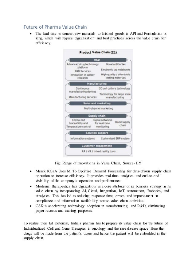 Future of Pharma Value Chain
 The lead time to convert raw materials to finished goods in API and Formulation is
long, which will require digitalization and best practices across the value chain for
efficiency.
Fig: Range of innovations in Value Chain, Source- EY
 Merck KGaA Uses Ml To Optimise Demand Forecasting for data-driven supply chain
operation to increase efficiency. It provides real-time analytics and end-to-end
visibility of the company’s operation and performance.
 Moderna Therapeutics has digitization as a core attribute of its business strategy in its
value chain by incorporating AI, Cloud, Integration, IoT, Automation, Robotics, and
Analytics. This has led to reducing response time, errors, and improvement in
compliance and information availability across value chain activities.
 GSK is accelerating technology adoption in manufacturing, and R&D, eliminating
paper records and training purposes.
To realize their full potential, India’s pharma has to prepare its value chain for the future of
Individualized Cell and Gene Therapies in oncology and the rare disease space. Here the
drugs will be made from the patient's tissue and hence the patient will be embedded in the
supply chain.
 