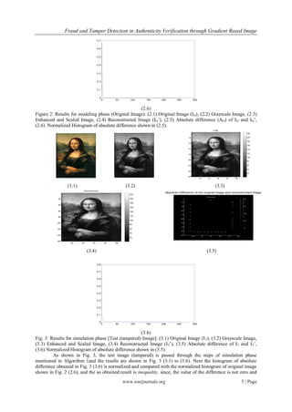 Fraud and Tamper Detection in Authenticity Verification through Gradient Based Image
                                        0.7


                                        0.6


                                        0.5


                                        0.4


                                        0.3


                                        0.2


                                        0.1


                                           0
                                               0        50       100    150     200      250           300



                                                    (2.6)
Figure 2: Results for modeling phase (Original Image): (2.1) Original Image (I O), (2.2) Grayscale Image, (2.3)
Enhanced and Scaled Image, (2.4) Reconstructed Image (IO’), (2.5) Absolute difference (AO) of IO and IO’,
(2.6) Normalized Histogram of absolute difference shown in (2.5).
                                                                                                                       Image
                                                                                                                                             220

                                                                                                  20                                         200

                                                                                                                                             180
                                                                                                  40
                                                                                                                                             160

                                                                                                  60                                         140

                                                                                                                                             120
                                                                                                  80
                                                                                                                                             100
                                                                                                 100
                                                                                                                                             80

                                                                                                 120                                         60

                                                                                                                                             40
                                                                                                 140
                                                                                                                                             20

                                                                                                 160
                                                                                                             20   40       60   80   100



                  (3.1)                                        (3.2)                                                    (3.3)
                           Reconstructed
                                                                                  Absolute Difference of the original image and reconstructed image
                                                                 220

           20                                                    200

                                                                 180
           40
                                                                 160

           60                                                    140

                                                                 120
           80
                                                                 100
           100
                                                                 80

           120                                                   60

                                                                 40
           140
                                                                 20

           160
                   20     40       60              80   100



                               (3.4)                                                                              (3.5)

                                        0.8


                                        0.7


                                        0.6


                                        0.5


                                        0.4


                                        0.3


                                        0.2


                                        0.1


                                           0
                                               0        50       100    150     200      250           300



                                                       (3.6)
Fig. 3: Results for simulation phase [Test (tampered) Image]: (3.1) Original Image (I T), (3.2) Grayscale Image,
(3.3) Enhanced and Scaled Image, (3.4) Reconstructed Image (IT’), (3.5) Absolute difference of I T and IT’,
(3.6) Normalized Histogram of absolute difference shown in (3.5).
         As shown in Fig. 3, the test image (tampered) is passed through the steps of simulation phase
mentioned in Algorithm 1and the results are shown in Fig. 3 (3.1) to (3.6). Next the histogram of absolute
difference obtained in Fig. 3 (3.6) is normalized and compared with the normalized histogram of original image
shown in Fig. 2 (2.6), and the so obtained result is inequality, since, the value of the difference is not zero and
                                                              www.iosrjournals.org                                                         5 | Page
 