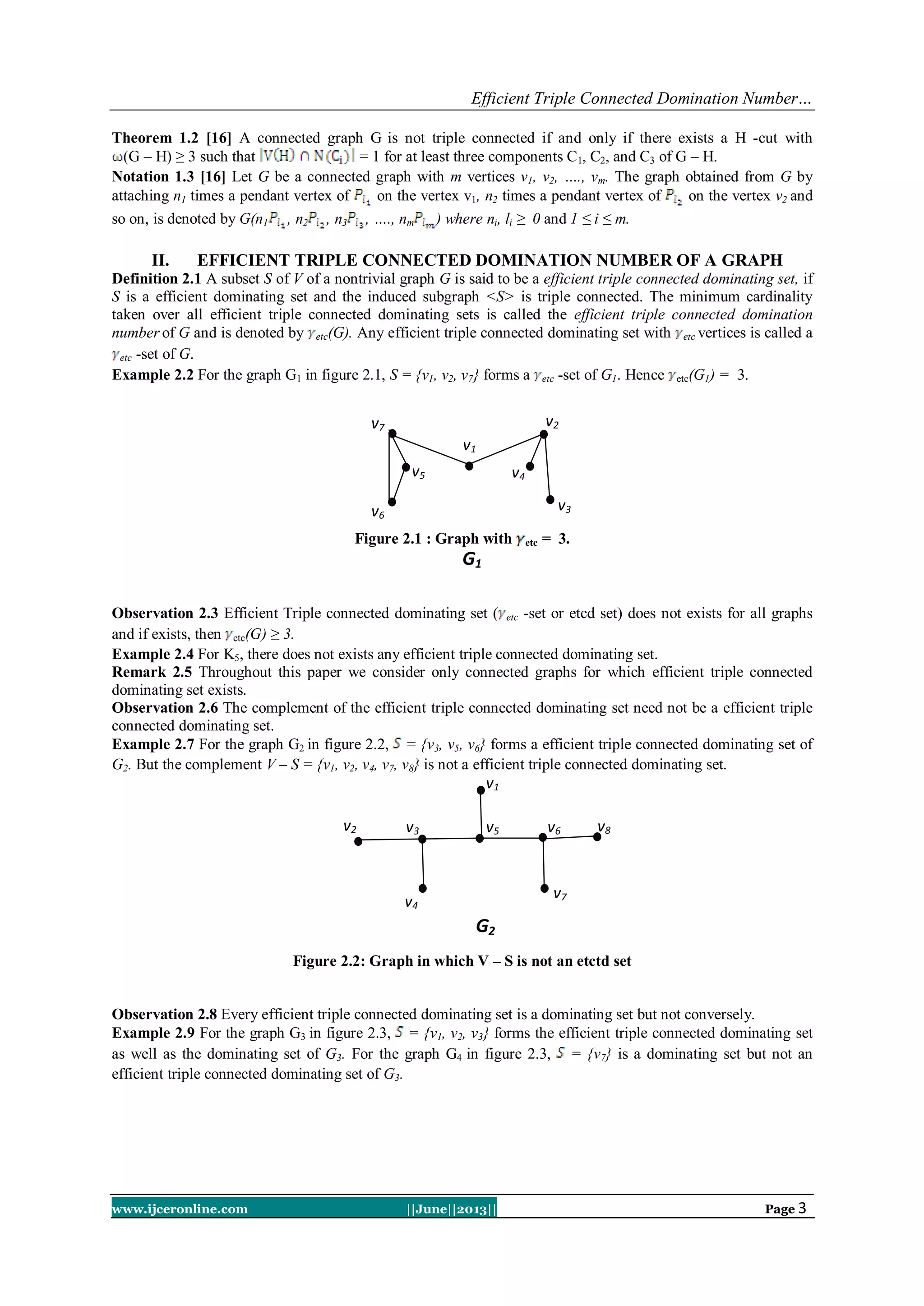 Efficient Triple Connected Domination Number…
www.ijceronline.com ||June||2013|| Page 3
Theorem 1.2 [16] A connected graph G is not triple connected if and only if there exists a H -cut with
(G – H) ≥ 3 such that = 1 for at least three components C1, C2, and C3 of G – H.
Notation 1.3 [16] Let G be a connected graph with m vertices v1, v2, …., vm. The graph obtained from G by
attaching n1 times a pendant vertex of on the vertex v1, n2 times a pendant vertex of on the vertex v2 and
so on, is denoted by G(n1 , n2 , n3 , …., nm ) where ni, li ≥ 0 and 1 ≤ i ≤ m.
II. EFFICIENT TRIPLE CONNECTED DOMINATION NUMBER OF A GRAPH
Definition 2.1 A subset S of V of a nontrivial graph G is said to be a efficient triple connected dominating set, if
S is a efficient dominating set and the induced subgraph <S> is triple connected. The minimum cardinality
taken over all efficient triple connected dominating sets is called the efficient triple connected domination
number of G and is denoted by etc(G). Any efficient triple connected dominating set with etc vertices is called a
etc -set of G.
Example 2.2 For the graph G1 in figure 2.1, S = {v1, v2, v7} forms a etc -set of G1. Hence etc(G1) = 3.
Figure 2.1 : Graph with etc = 3.
Observation 2.3 Efficient Triple connected dominating set ( etc -set or etcd set) does not exists for all graphs
and if exists, then etc(G) ≥ 3.
Example 2.4 For K5, there does not exists any efficient triple connected dominating set.
Remark 2.5 Throughout this paper we consider only connected graphs for which efficient triple connected
dominating set exists.
Observation 2.6 The complement of the efficient triple connected dominating set need not be a efficient triple
connected dominating set.
Example 2.7 For the graph G2 in figure 2.2, = {v3, v5, v6} forms a efficient triple connected dominating set of
G2. But the complement V – S = {v1, v2, v4, v7, v8} is not a efficient triple connected dominating set.
Figure 2.2: Graph in which V – S is not an etctd set
Observation 2.8 Every efficient triple connected dominating set is a dominating set but not conversely.
Example 2.9 For the graph G3 in figure 2.3, = {v1, v2, v3} forms the efficient triple connected dominating set
as well as the dominating set of G3. For the graph G4 in figure 2.3, = {v7} is a dominating set but not an
efficient triple connected dominating set of G3.
v5
G1
v1
v4
v3
v2
v6
v7
G2
v6v2
v7
v5 v8
v4
v3
v1
 