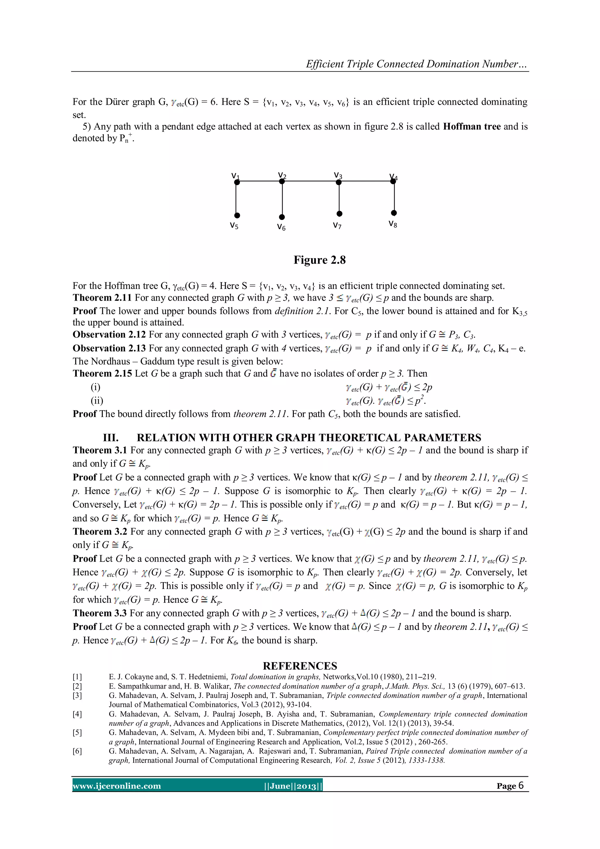 Efficient Triple Connected Domination Number…
www.ijceronline.com ||June||2013|| Page 6
For the Dürer graph G, etc(G) = 6. Here S = {v1, v2, v3, v4, v5, v6} is an efficient triple connected dominating
set.
5) Any path with a pendant edge attached at each vertex as shown in figure 2.8 is called Hoffman tree and is
denoted by Pn
+
.
For the Hoffman tree G, etc(G) = 4. Here S = {v1, v2, v3, v4} is an efficient triple connected dominating set.
Theorem 2.11 For any connected graph G with p ≥ 3, we have 3 etc(G) ≤ p and the bounds are sharp.
Proof The lower and upper bounds follows from definition 2.1. For C5, the lower bound is attained and for K3,5
the upper bound is attained.
Observation 2.12 For any connected graph G with 3 vertices, etc(G) = p if and only if G P3, C3.
Observation 2.13 For any connected graph G with 4 vertices, etc(G) = p if and only if G K4, W4, C4, K4 – e.
The Nordhaus – Gaddum type result is given below:
Theorem 2.15 Let G be a graph such that G and have no isolates of order p ≥ 3. Then
(i) etc(G) + etc( ) ≤ 2p
(ii) etc(G). etc( ) ≤ p2
.
Proof The bound directly follows from theorem 2.11. For path C5, both the bounds are satisfied.
III. RELATION WITH OTHER GRAPH THEORETICAL PARAMETERS
Theorem 3.1 For any connected graph G with p ≥ 3 vertices, etc(G) + κ(G) ≤ 2p – 1 and the bound is sharp if
and only if G Kp.
Proof Let G be a connected graph with p ≥ 3 vertices. We know that κ(G) ≤ p – 1 and by theorem 2.11, etc(G) ≤
p. Hence etc(G) + κ(G) ≤ 2p – 1. Suppose G is isomorphic to Kp. Then clearly etc(G) + κ(G) = 2p – 1.
Conversely, Let etc(G) + κ(G) = 2p – 1. This is possible only if etc(G) = p and κ(G) = p – 1. But κ(G) = p – 1,
and so G Kp for which etc(G) = p. Hence G Kp.
Theorem 3.2 For any connected graph G with p ≥ 3 vertices, etc(G) + (G) ≤ 2p and the bound is sharp if and
only if G Kp.
Proof Let G be a connected graph with p ≥ 3 vertices. We know that (G) ≤ p and by theorem 2.11, etc(G) ≤ p.
Hence etc(G) + (G) ≤ 2p. Suppose G is isomorphic to Kp. Then clearly etc(G) + (G) = 2p. Conversely, let
etc(G) + (G) = 2p. This is possible only if etc(G) = p and (G) = p. Since (G) = p, G is isomorphic to Kp
for which etc(G) = p. Hence G Kp.
Theorem 3.3 For any connected graph G with p ≥ 3 vertices, etc(G) + (G) ≤ 2p – 1 and the bound is sharp.
Proof Let G be a connected graph with p ≥ 3 vertices. We know that (G) ≤ p – 1 and by theorem 2.11, etc(G) ≤
p. Hence etc(G) + (G) ≤ 2p – 1. For K6, the bound is sharp.
REFERENCES
[1] E. J. Cokayne and, S. T. Hedetniemi, Total domination in graphs, Networks,Vol.10 (1980), 211–219.
[2] E. Sampathkumar and, H. B. Walikar, The connected domination number of a graph, J.Math. Phys. Sci., 13 (6) (1979), 607–613.
[3] G. Mahadevan, A. Selvam, J. Paulraj Joseph and, T. Subramanian, Triple connected domination number of a graph, International
Journal of Mathematical Combinatorics, Vol.3 (2012), 93-104.
[4] G. Mahadevan, A. Selvam, J. Paulraj Joseph, B. Ayisha and, T. Subramanian, Complementary triple connected domination
number of a graph, Advances and Applications in Discrete Mathematics, (2012), Vol. 12(1) (2013), 39-54.
[5] G. Mahadevan, A. Selvam, A. Mydeen bibi and, T. Subramanian, Complementary perfect triple connected domination number of
a graph, International Journal of Engineering Research and Application, Vol.2, Issue 5 (2012) , 260-265.
[6] G. Mahadevan, A. Selvam, A. Nagarajan, A. Rajeswari and, T. Subramanian, Paired Triple connected domination number of a
graph, International Journal of Computational Engineering Research, Vol. 2, Issue 5 (2012), 1333-1338.
v8v7v6v5
v4v3v2v1
Figure 2.8
 