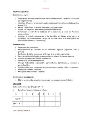 CONCEPCION LIZARRAGA
3
Objetivos específicos:
Que el alumno logre:
 Comprender los desplazamientos de la función exponencial a partir de la variación
de sus parámetros.
 Visualizar diferentes funciones en sus tres registros al mismo tiempo (tabla, gráfico
y ecuación).
 Extraer conclusiones a partir de la exploración y observación.
 Validar sus conjeturas mediante argumentos matemáticos.
 Generalizar a partir de lo trabajado en la secuencia, a todas las funciones
exponenciales.
 Impulsar al trabajo colaborativo, a la discusión, al diálogo entre pares, la
autonomía de los estudiantes y el rol del docente como facilitador/guía de los
procesos de enseñanza y aprendizaje.
Saberes previos:
 Dependencia y variabilidad.
 Representación de funciones en sus diferentes registros (algebraico, tabla y
gráfico).
 Confección de tablas conociendo la fórmula de la función exponencial.
 Representación de la función exponencial en un sistema de ejes cartesianos.
 Dominio e imagen de la función exponencial.
 Asíntotas de la función exponencial.
 Trabajo matemático (exploración, representación, conjeturación, validación y
generalización).
 Trabajo colaborativo: respeto de tiempos y opiniones, debate crítico y respetuoso.
 Manejo del software Geogebra.
 Manejo de redes sociales: Facebook.
Momentos de la propuesta:
 M1: Se le otorgará a cada alumno una copia con las siguientes actividades:
Situación 1
Dadas las funciones f(x)= y g(x)=
a) Completen la siguiente tabla de valores:
X -3 -2 -1 0 1 2 3
f(x)=
g(x)=
 