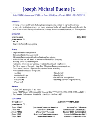 Joseph Michael Bueme Jr.
Jmb12615@yahoo.com • 3705 Iceni Court Middleburg, Florida 32068 • 904.716.5293
OBJECTIVE
· Seeking a responsible and challenging management position in a growth oriented
progressive institution, where my experience and skills will significantly contribute to the
overall success of the organization and provide opportunities for my career development.
EDUCATION
JONES COLLEGE 1993-1995
JACKSONVILLE,FL
GPA3.6
· Degree in Radio Broadcasting
SKILLS
· 29 years of retail experience
· 26 years of retail management
· 15 years of computer, tablet, and printer knowledge
· Maintain low shrink levels in a multi-million dollar company
· Actively cross-train employees
· Maintain a professional working relationship with all employees
· Excellent judge of character based on 29 years of customer experience
· Experienced in over 15 years of computer based learning
· Proficient in computer programs:
· MacAfee
· Norton Antivirus
· Microsoft Word
· Windows XP
· Windows 7
· Windows 8
· People Soft
· Workforce Management
· MBAM (Detects Computer Virus)
AWARDS
· March 2001 Employee of the Year
· Store #433 Winner of President Circle Award in 1999, 2000, 2001, 2002, 2003, and 2004
· Top Service Dollars and Sales in 2010 and 2011 at Store #29
EXPERIENCE
OFFICE DEPOT AUGUST,1999-MAY,2016
JACKSONVILLE,FL
STORE#2119 CUSTOMER EXPERIENCEMANAGER OCTOBER2011 –PRESENT
STORE#29 TECHNOLOGYMANAGER OCTOBER2010-OCTOBER2011
STORE#2744 DEPARTMENT MANAGER JANUARY 2009-OCTOBER2010
STORE#135 RESET AND PLANOGRAMMANAGER JANUARY2008-JANUARY 2009
STORE#433 DEPARTMENT MANAGER AUGUST 1999-JANUARY 2008
 