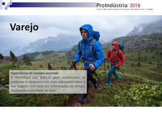 Experiência de compra acertada
A NorthFace usa Watson para recomendar os
produtos e equipamentos mais adequados para a
sua viagem, com base em informações do tempo,
localização e atividade de lazer.
Varejo
 