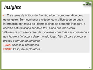 12	
  
Insights	
  
O sistema de ônibus do Rio não é bem compreendido pelo
estrangeiro. Sem conhecer a cidade, com dificuldade de pedir
informação por causa do idioma e ainda se sentindo inseguro, a
escolha natural acaba sendo o táxi, ainda que mais caro.
“Não existe um site central da rodoviária com todas as companhias
que fazem a linha para determinado lugar. Não dá para comparar
preços e tempo de percurso.”
temA: Acesso a informação
Fonte: Pesquisa exploratória
Na hora do jogo, em lugares com telão e muito tumulto, é
impossível falar pelo celular. Nesse caso, torcedores costumam utilizar
 