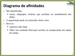 17	
  
Diagrama	
  de	
  aﬁnidades	
  
Ø  São identificados
§  temas, subgrupos, critérios que auxiliam no entendimento dos
dados.
Ø  A organização pode ser reiniciada várias vezes
Ø  Deve-se
§  registrar cada etapa
§  Obter um resultado final para auxiliar na compreensão dos dados
de campo.
 