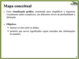 19	
  
Mapa conceitual
Ø  Uma visualização gráfica, construída para simplificar e organizar
visualmente dados complexos, em diferentes níveis de profundidade e
abstração.
Ø  Objetivo:
§  ilustrar os elos entre os dados;
§  permitir que novos significados sejam extraídos das informações
levantadas;
 