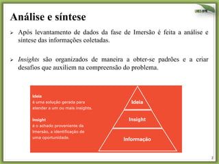 2	
  
Análise e síntese
Ø  Após levantamento de dados da fase de Imersão é feita a análise e
síntese das informações coletadas.
Ø  Insights são organizados de maneira a obter-se padrões e a criar
desafios que auxiliem na compreensão do problema.
Ideia
Insight
Informação
Ideia
é uma solução gerada para
atender a um ou mais insights.
Insight
é o achado proveniente da
Imersão, a identificação de
uma oportunidade.
 