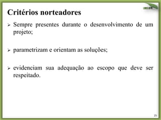 25	
  
Critérios norteadores
Ø  Sempre presentes durante o desenvolvimento de um
projeto;
Ø  parametrizam e orientam as soluções;
Ø  evidenciam sua adequação ao escopo que deve ser
respeitado. 	
  	
  
 