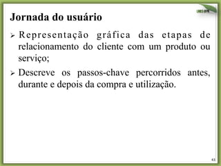 43	
  
Jornada do usuário
Ø  Representação gráfica das etapas de
relacionamento do cliente com um produto ou
serviço;
Ø  Descreve os passos-chave percorridos antes,
durante e depois da compra e utilização. 	
  	
  
 