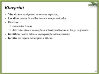 49	
  
Blueprint
Ø  Visualizar o serviço sob todos seus aspectos,
Ø  Localizar pontos de melhoria e novas oportunidades.
Ø  Descreve:
§  evidências físicas
§  diferentes atores, suas ações e interdependências ao longo da jornada
Ø  identificar pontos falhos e superposições desnecessárias
Ø  facilitar inovações estratégicas e táticas.
 