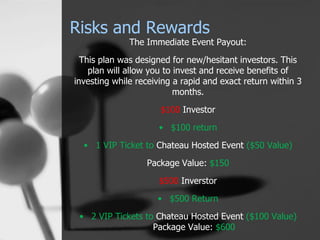 Risks and Rewards
The Immediate Event Payout:
This plan was designed for new/hesitant investors. This
plan will allow you ...