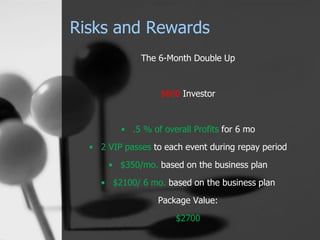 Risks and Rewards
The 6-Month Double Up
$600 Investor
• .5 % of overall Profits for 6 mo
• 2 VIP passes to each event duri...