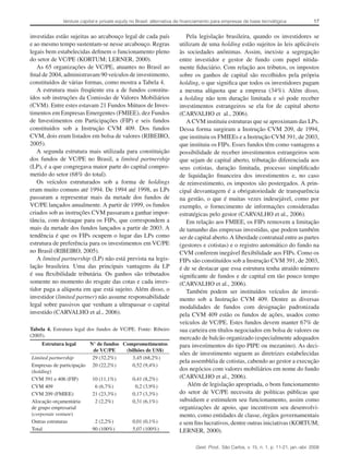17Venture capital e private equity no Brasil: alternativa de financiamento para empresas de base tecnológica
Gest. Prod., São Carlos, v. 15, n. 1, p. 11-21, jan.-abr. 2008
Pela legislação brasileira, quando os investidores se
utilizam de uma holding estão sujeitos às leis aplicáveis
às sociedades anônimas. Assim, inexiste a segregação
entre investidor e gestor de fundo com papel nitida-
mente fiduciário. Com relação aos tributos, os impostos
sobre os ganhos de capital são recolhidos pela própria
holding, o que significa que todos os investidores pagam
a mesma alíquota que a empresa (34%). Além disso,
a holding não tem duração limitada e só pode receber
investimentos estrangeiros se ela for de capital aberto
(CARVALHO et  al., 2006).
A CVM instituiu estruturas que se aproximam das LPs.
Dessa forma surgiram a Instrução CVM 209, de 1994,
que instituiu os FMIEEs e a Instrução CVM 391, de 2003,
que instituiu os FIPs. Esses fundos têm como vantagens a
possibilidade de receber investimentos estrangeiros sem
que sejam de capital aberto, tributação diferenciada aos
seus cotistas, duração limitada, processo simplificado
de liquidação financeira dos investimentos e, no caso
de reinvestimento, os impostos são postergados. A prin-
cipal desvantagem é a obrigatoriedade de transparência
na gestão, o que é muitas vezes indesejável, como por
exemplo, o fornecimento de informações consideradas
estratégicas pelo gestor (CARVALHO et al., 2006).
Em relação aos FMIEE, os FIPs removem a limitação
de tamanho das empresas investidas, que podem também
ser de capital aberto.A liberdade contratual entre as partes
(gestores e cotistas) e o registro automático do fundo na
CVM conferem inegável flexibilidade aos FIPs. Como os
FIPs são constituídos sob a Instrução CVM 391, de 2003,
é de se destacar que essa estrutura tenha atraído número
significante de fundos e de capital em tão pouco tempo
(CARVALHO et al., 2006).
Também podem ser instituídos veículos de investi-
mento sob a Instrução CVM 409. Dentre as diversas
modalidades de fundos com designação padronizada
pela CVM 409 estão os fundos de ações, usados como
veículos de VC/PE. Estes fundos devem manter 67% de
sua carteira em títulos negociados em bolsa de valores ou
mercado de balcão organizado (especialmente adequados
para investimentos do tipo PIPE ou mezanino). As deci-
sões de investimento seguem as diretrizes estabelecidas
pela assembléia de cotistas, cabendo ao gestor a execução
dos negócios com valores mobiliários em nome do fundo
(CARVALHO et al., 2006).
Além de legislação apropriada, o bom funcionamento
do setor de VC/PE necessita de políticas públicas que
subsidiem e estimulem seu funcionamento, assim como
organizações de apoio, que incentivem seu desenvolvi-
mento, como entidades de classe, órgãos governamentais
e sem fins lucrativos, dentre outras iniciativas (KORTUM;
LERNER, 2000).
investidas estão sujeitas ao arcabouço legal de cada país
e ao mesmo tempo sustentam-se nesse arcabouço. Regras
legais bem estabelecidas definem o funcionamento pleno
do setor de VC/PE (KORTUM; LERNER, 2000).
As 65 organizações de VC/PE, atuantes no Brasil ao
final de 2004, administravam 90 veículos de investimento,
constituídos de várias formas, como mostra a Tabela 4.
A estrutura mais freqüente era a de fundos constitu-
ídos sob instruções da Comissão de Valores Mobiliários
(CVM). Entre estes estavam 21 Fundos Mútuos de Inves-
timentos em Empresas Emergentes (FMIEE), dez Fundos
de Investimentos em Participações (FIP) e seis fundos
constituídos sob a Instrução CVM 409. Dos fundos
CVM, dois eram listados em bolsa de valores (RIBEIRO,
2005).
A segunda estrutura mais utilizada para constituição
dos fundos de VC/PE no Brasil, a limited partnership
(LP), é a que congregava maior parte do capital compro-
metido do setor (68% do total).
Os veículos estruturados sob a forma de holdings
eram muito comuns até 1994. De 1994 até 1998, as LPs
passaram a representar mais da metade dos fundos de
VC/PE lançados anualmente. A partir de 1999, os fundos
criados sob as instruções CVM passaram a ganhar impor-
tância, com destaque para os FIPs, que correspondem a
mais da metade dos fundos lançados a partir de 2003. A
tendência é que os FIPs ocupem o lugar das LPs como
estrutura de preferência para os investimentos em VC/PE
no Brasil (RIBEIRO, 2005).
A limited partnership (LP) não está prevista na legis-
lação brasileira. Uma das principais vantagens da LP
é sua flexibilidade tributária. Os ganhos são tributados
somente no momento do resgate das cotas e cada inves-
tidor paga a alíquota em que está sujeito. Além disso, o
investidor (limited partner) não assume responsabilidade
legal sobre passivos que venham a ultrapassar o capital
investido (CARVALHO et al., 2006).
Tabela 4. Estrutura legal dos fundos de VC/PE. Fonte: Ribeiro
(2005).
Estrutura legal N° de fundos
de VC/PE
Comprometimentos
(bilhões de US$)
Limited partnership 29 (32,2%) 3,45 (68,2%)
Empresas de participação
(holding)
20 (22,2%) 0,52 (9,4%)
CVM 391 e 406 (FIP) 10 (11,1%) 0,41 (8,2%)
CVM 409 6 (6,7%) 0,2 (3,9%)
CVM 209 (FMIEE) 21 (23,3%) 0,17 (3,3%)
Alocação orçamentária
de grupo empresarial
(corporate venture)
2 (2,2%) 0,31 (6,1%)
Outras estruturas 2 (2,2%) 0,01 (0,1%)
Total 90 (100%) 5,07 (100%)
 