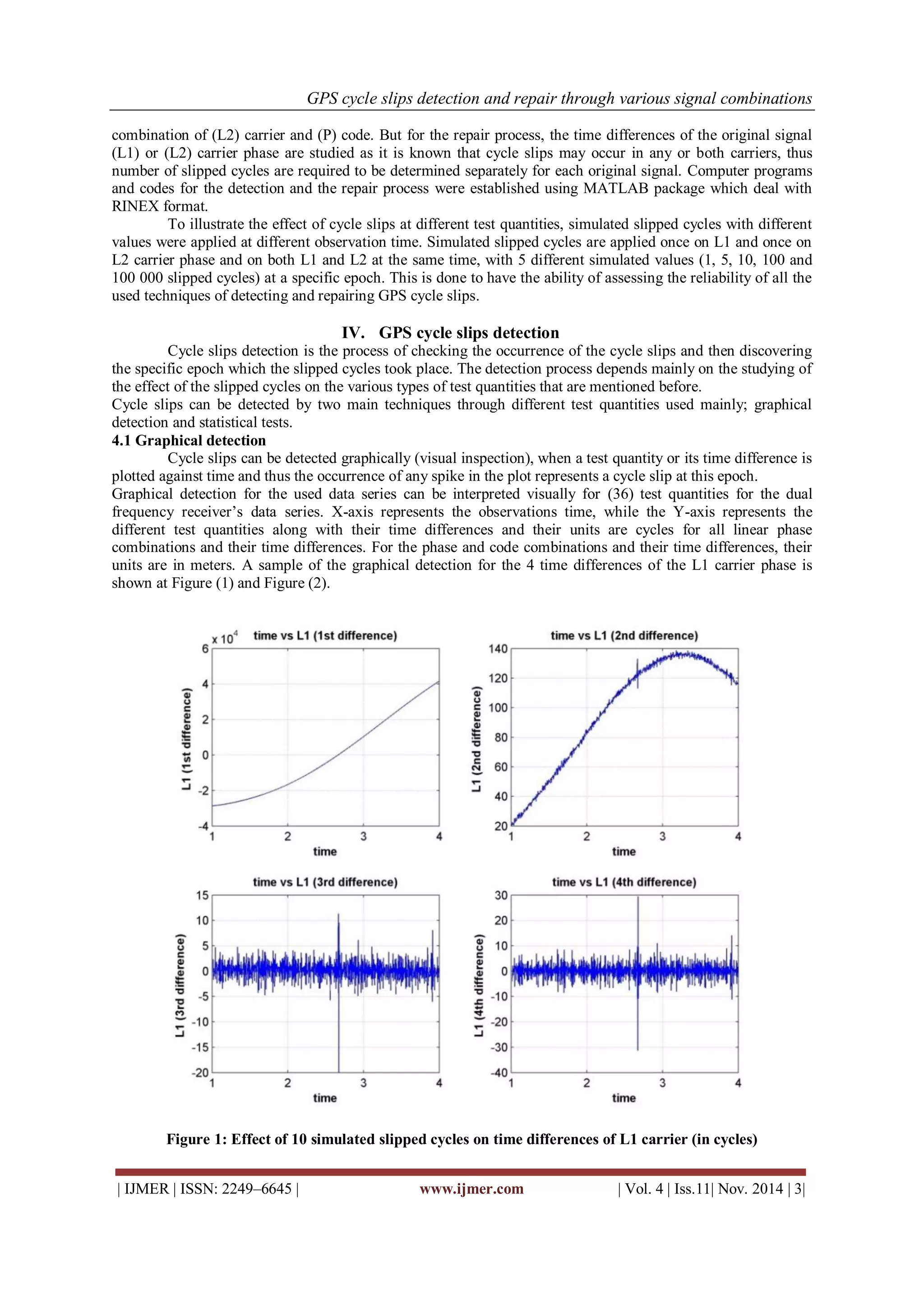 GPS cycle slips detection and repair through various signal combinations 
| IJMER | ISSN: 2249–6645 | www.ijmer.com | Vol. 4 | Iss.11| Nov. 2014 | 3| 
combination of (L2) carrier and (P) code. But for the repair process, the time differences of the original signal (L1) or (L2) carrier phase are studied as it is known that cycle slips may occur in any or both carriers, thus number of slipped cycles are required to be determined separately for each original signal. Computer programs and codes for the detection and the repair process were established using MATLAB package which deal with RINEX format. To illustrate the effect of cycle slips at different test quantities, simulated slipped cycles with different values were applied at different observation time. Simulated slipped cycles are applied once on L1 and once on L2 carrier phase and on both L1 and L2 at the same time, with 5 different simulated values (1, 5, 10, 100 and 100 000 slipped cycles) at a specific epoch. This is done to have the ability of assessing the reliability of all the used techniques of detecting and repairing GPS cycle slips. 
IV. GPS cycle slips detection 
Cycle slips detection is the process of checking the occurrence of the cycle slips and then discovering the specific epoch which the slipped cycles took place. The detection process depends mainly on the studying of the effect of the slipped cycles on the various types of test quantities that are mentioned before. Cycle slips can be detected by two main techniques through different test quantities used mainly; graphical detection and statistical tests. 4.1 Graphical detection Cycle slips can be detected graphically (visual inspection), when a test quantity or its time difference is plotted against time and thus the occurrence of any spike in the plot represents a cycle slip at this epoch. Graphical detection for the used data series can be interpreted visually for (36) test quantities for the dual frequency receiver’s data series. X-axis represents the observations time, while the Y-axis represents the different test quantities along with their time differences and their units are cycles for all linear phase combinations and their time differences. For the phase and code combinations and their time differences, their units are in meters. A sample of the graphical detection for the 4 time differences of the L1 carrier phase is shown at Figure (1) and Figure (2). 
Figure 1: Effect of 10 simulated slipped cycles on time differences of L1 carrier (in cycles)  