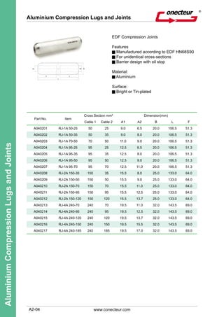 A2-04
AluminiumCompressionLugsandJoints
www.conecteur.com
Aluminium Compression Lugs and Joints
EDF Compression Joints
Features
Manufactured according to EDF HN68S90
For unidentical cross-sections
Barrier design with oil stop
Material:
Aluminium
Surface:
Bright or Tin-plated
Part No. Item
Cross Section mm² Dimension(mm)
Cable 1 Cable 2 A1 A2 B L F
A040201 RJ-1A 50-25 50 25 9.0 6.5 20.0 106.5 51.3
A040202 RJ-1A 50-35 50 35 9.0 8.0 20.0 106.5 51.3
A040203 RJ-1A 70-50 70 50 11.0 9.0 20.0 106.5 51.3
A040204 RJ-1A 95-25 95 25 12.5 6.5 20.0 106.5 51.3
A040205 RJ-1A 95-35 95 35 12.5 8.0 20.0 106.5 51.3
A040206 RJ-1A 95-50 95 50 12.5 9.0 20.0 106.5 51.3
A040207 RJ-1A 95-70 95 70 12.5 11.0 20.0 106.5 51.3
A040208 RJ-2A 150-35 150 35 15.5 8.0 25.0 133.0 64.0
A040209 RJ-2A 150-50 150 50 15.5 9.0 25.0 133.0 64.0
A040210 RJ-2A 150-70 150 70 15.5 11.0 25.0 133.0 64.0
A040211 RJ-2A 150-95 150 95 15.5 12.5 25.0 133.0 64.0
A040212 RJ-2A 150-120 150 120 15.5 13.7 25.0 133.0 64.0
A040213 RJ-4A 240-70 240 70 19.5 11.0 32.0 143.5 69.0
A040214 RJ-4A 240-95 240 95 19.5 12.5 32.0 143.5 69.0
A040215 RJ-4A 240-120 240 120 19.5 13.7 32.0 143.5 69.0
A040216 RJ-4A 240-150 240 150 19.5 15.5 32.0 143.5 69.0
A040217 RJ-4A 240-185 240 185 19.5 17.0 32.0 143.5 69.0
 