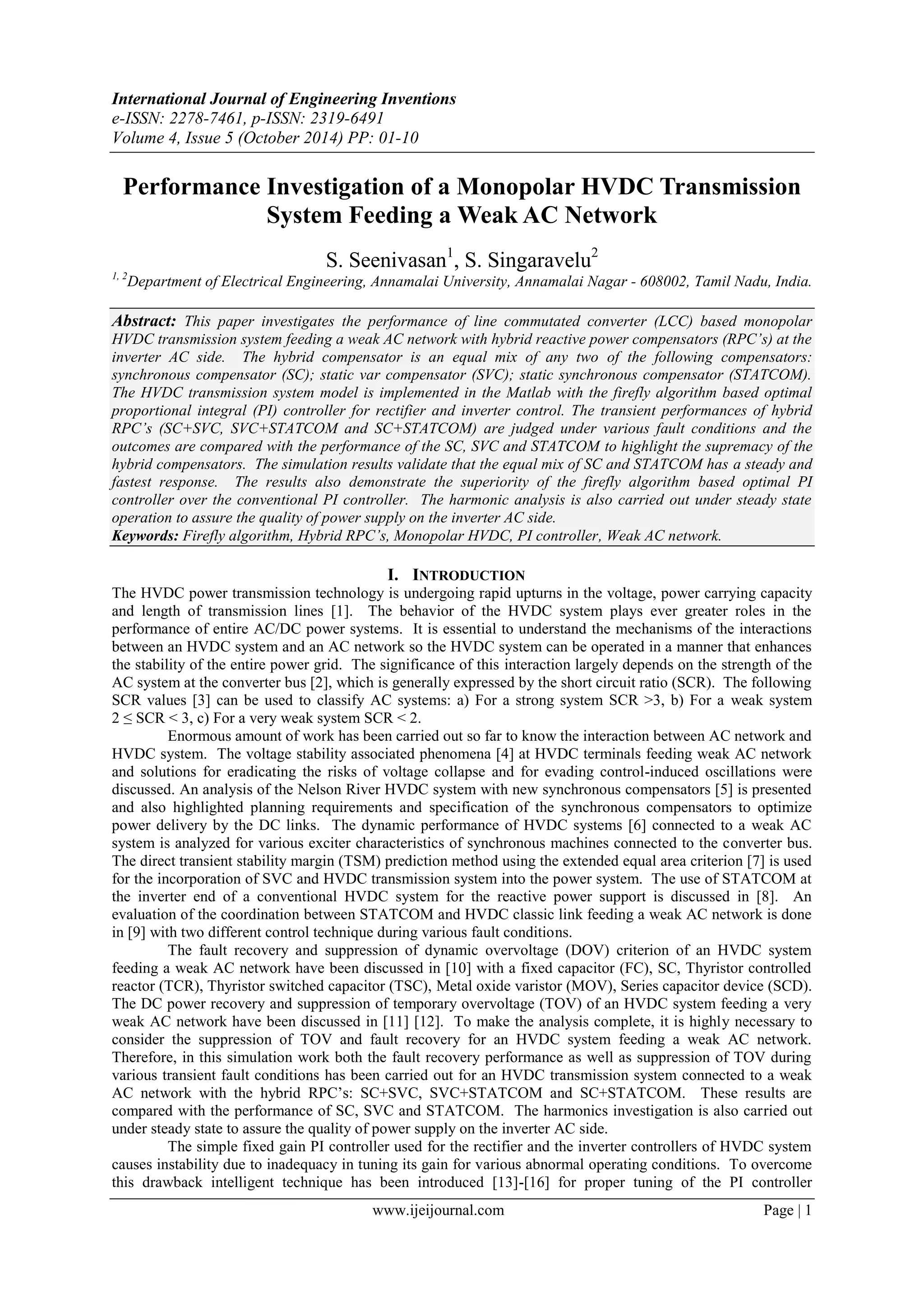 Performance Investigation of a Monopolar HVDC Transmission System ...