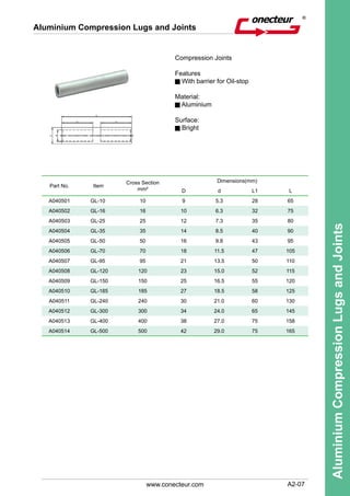 A2-07
AluminiumCompressionLugsandJoints
www.conecteur.com
Aluminium Compression Lugs and Joints
Compression Joints
Features
With barrier for Oil-stop
Material:
Aluminium
Surface:
Bright
Part No. Item
Cross Section
mm²
Dimensions(mm)
D d L1 L
A040501 GL-10 10 9 5.3 28 65
A040502 GL-16 16 10 6.3 32 75
A040503 GL-25 25 12 7.3 35 80
A040504 GL-35 35 14 8.5 40 90
A040505 GL-50 50 16 9.8 43 95
A040506 GL-70 70 18 11.5 47 105
A040507 GL-95 95 21 13.5 50 110
A040508 GL-120 120 23 15.0 52 115
A040509 GL-150 150 25 16.5 55 120
A040510 GL-185 185 27 18.5 58 125
A040511 GL-240 240 30 21.0 60 130
A040512 GL-300 300 34 24.0 65 145
A040513 GL-400 400 38 27.0 75 158
A040514 GL-500 500 42 29.0 75 165
 