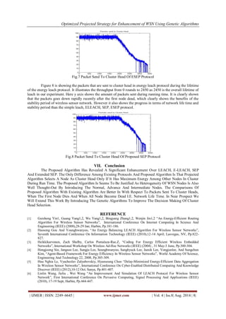 Optimized Projected Strategy for Enhancement of WSN Using Genetic Algorithms 
| IJMER | ISSN: 2249–6645 | www.ijmer.com | Vol. 4 | Iss.8| Aug. 2014 | 8| 
Fig.7 Packet Send To Cluster Head Of ESEP Protocol Figure 8 is showing the packets that are sent to cluster head in energy leach protocol during the lifetime of the energy leach protocol. It illustrates the throughput from 0 rounds to 2450 as 2450 is the overall lifetime of leach in our experiment. Here y axis shows the amount of packets sent during running time. It is clearly shown that the packets goes down rapidly recently after the first node dead, which clearly shows the benefits of the stability period of wireless sensor network. However it also shows the progress in terms of network life time and stability period than the simple leach, ELEACH, SEP, ESEP protocol. Fig.8 Packet Send To Cluster Head Of Proposed SEP Protocol 
VII. Conclusion 
The Proposed Algorithm Has Revealed A Significant Enhancement Over LEACH, E-LEACH, SEP And Extended SEP. The Only Difference Among Existing Protocols And Proposed Algorithm Is That Projected Algorithm Selects A Node As Cluster Head Only If It Has Maximum Energy Among Other Nodes In Cluster During Run Time. The Proposed Algorithm Is Seems To Be Justified As Heterogeneity Of WSN Nodes Is Also Well Thought-Out By Introducing The Normal, Advance And Intermediate Nodes. The Comparisons Of Proposed Algorithm With Existing Algorithm Are Better In With Respect To Packets Sent To Cluster Heads, When The First Node Dies And When All Node Become Dead I.E. Network Life Time. In Near Prospect We Will Extend This Work By Introducing The Genetic Algorithms To Improve The Decision Making Of Cluster Head Selection. REFERENCE 
[1] Guisheng Yin1, Guang Yang1,2, Wu Yang1,2, Bingyang Zhang1,2, Wenjin Jin1,2 “An Energy-Efficient Routing Algorithm For Wireless Sensor Networks”, International Conference On Internet Computing In Science And Engineering (IEEE) (2008),28-29 Jan; Harbin, Pp.181-186. 
[2] Haosong Gou And Younghwanyoo, “An Energy Balancing LEACH Algorithm For Wireless Sensor Networks”, Seventh International Conference On Information Technology (IEEE) (2010),12-14 April; Lasvegas, NV, Pp.822- 827. 
[3] Heikkikarvonen, Zach Shelby, Carlos Pomalaza-Rae.Z, “Coding For Energy Efficient Wireless Embedded Networks”, International Workshop On Wireless Ad-Hoc Networks (IEEE) (2004) , 31 May-3 June, Pp.300-304. 
[4] Hongjoong Sin, Jangsoo Lee, Sungju Lee, Seunghwanyoo, Sanghyuck Lee, Jaesik Lee, Yongjunlee, And Sungchun Kim, “Agent-Based Framework For Energy Efficiency In Wireless Sensor Networks”, World Academy Of Science, Engineering And Technology 22, 2008, Pp.305-309. 
[5] Huu Nghia Le, Vyacheslav Zalyubovskiy, Hyunseung Choo “Delay-Minimized Energy-Efficient Data Aggregation In Wireless Sensor Networks”, International Conference On Cyber-Enabled Distributed Computing And Knowledge Discover (IEEE) (2012),10-12 Oct; Sanya, Pp.401-407. 
[6] Linlin Wang, Jieliu , Wei Wang “An Improvement And Simulation Of LEACH Protocol For Wireless Sensor Network”, First International Conference On Pervasive Computing, Signal Processing And Applications (IEEE) (2010), 17-19 Sept; Harbin, Pp.444-447.  