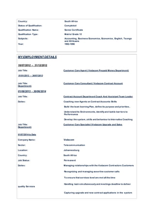 Country: South Africa
Status of Qualification: Completed
Qualification Name: Senior Certificate
Qualification Type: Matric/ Grade 12
Subjects: Accounting, Business Economics, Economics, English, Tsonga
and Afrikaans
Year: 1992-1996
MY EMPLOYMENT DETAILS
16/07/2012 – 31/12/2012
Job Title: Customer Care Agent ( Vodacom Prepaid Money Department)
01/01/2013 – 30/07/2013
Job Title: Customer Care Consultant ( Vodacom Contract Account
Department)
01/08/2013 - 30/06/2014
Job Title: Contract Account Department Coach And Assistant Team Leader
Duties: Coaching new Agents on Contract Accounts Skills
Build the team learning Plan, define its purpose and priorities ,
Understand its Environments, identify and tackle barriers to
Performance
Develop the system, skills and behaviour to Internalise Coaching
Job Title: Customer Care Specialist (Vodacom Upgrade and Sales
Department)
01/07/2014 to Date
Company Name: Vodacom
Sector: Telecommunication
Location: Johannesburg
Country: South Africa
Job Status: Permanent
Duties: Managing relationships with the Vodacom Contractors Customers
Recognizing and managing assertive customer calls
To ensure that services level are met all the time
Handling task simultaneously and meetings deadline to deliver
quality Services
Capturing upgrade and new contract applications in the system
 