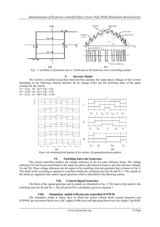 Implementation of Hysteresis controlled Space Vector Pulse Width Modulation Based Inverter




                            (a)                                                    (b)
           Fig – 3: (a) Relay or hysteresis curve ( 2 level curve), (b) hysteresis curve controlling current

                                              V.       Inverter Model
         The inverter is modeled using three functions that calculate the output phase voltages of the inverter
depending on the following relations between the dc voltage (Vdc) and the switching states of the upper
switches Sa, Sb, and Sc.
Va = (2 Sa – Sb – Sc) * Vdc / 3 (8)
Vb = (2 Sb – Sa – Sc) * Vdc / 3 (9)
Vc = (2 Sc – Sa – Sb) * Vdc / 3 (10)




                                   (a)                                                  (b)
                    Fig-4 (a) switching level pattern of six sectors, (b) generalized pwm pattern

                                   VI.        Switching Intervals Generator
         The current controllers produce the voltage references in the d-q rotor reference frame. The voltage
references Vd and Vq are transformed to the stator two phase (αβ) reference frame to give the reference voltages
Vα and Vβ. These voltage references are the inputs to the switching intervals generator that is shown in Fig. 4.
This block works according to equation 6 to produce finally the switching intervals Tk and Tk+1. The outputs of
this block are supplied to the control signals generator which is described in the following section.

                                       VII.     Control Signal Generator
        The block of the signals generator and its details are illustrated in Fig. 4. The input of the model is the
switching intervals Tk and Tk+1. The off period T0 is calculated as given in equation 7.

                  VIII.       Simulation model of Hysteresis controlled SVPWM
     The simulation model as below fig-5 in which the yellow colored block contain hysteresis and
SVPWM, the red colored block have a DC supply of 400 volts and light green block have the simple 3 leg IGBT


                                                   www.iosrjournals.org                                        4 | Page
 